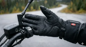 Close-up of anti-slip silicone and textured leather grip panels on the palm of winter motorcycle gloves for maximum traction on wet Canadian roads.
