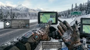 Anti-slip palm grip on motorcycle gloves for -30 degrees Celsius to ensure control on icy handlebars.