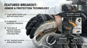 Protective hard-knuckle armor and palm sliders on heavy-duty insulated winter motorcycle gloves.