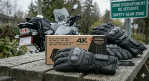 Protective carbon fiber knuckles on rechargeable heated motorcycle gloves designed for safety and warmth.