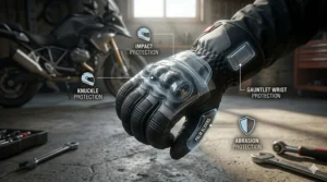 Illustration highlighting knuckle protection and reinforced palms on snowmobile-style gloves for Canadian road safety.