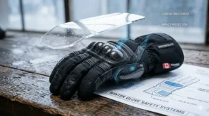 Close-up highlighting the carbon fiber knuckle armor and ergonomic palm sliders on heavy-duty insulated waterproof winter motorcycle gloves.