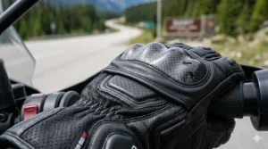 Illustration showing carbon fiber knuckle protection on all-season leather motorcycle gloves for Canadian road safety.