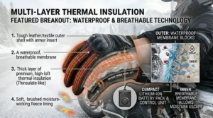 Diagram of heating elements in insulated winter motorcycle gloves; gants de moto chauffants pour l'hiver canadien.