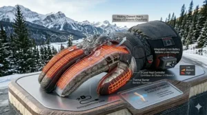 Technical diagram showing the battery compartment, temperature control, and heated element grid inside battery-powered winter motorcycle gloves.