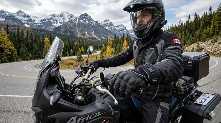 A motorcycle rider wearing high-quality heated gloves while riding through the Canadian Rockies; affordable winter riding gear under $200. heated motorcycle gloves under $200
