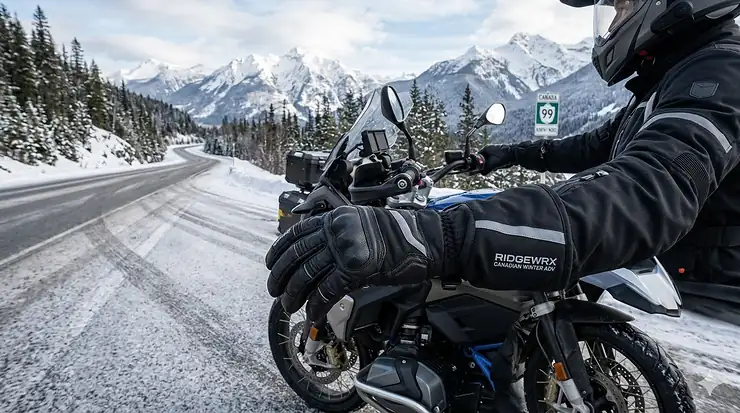 A motorcyclist wearing insulated winter motorcycle gloves riding through a snowy Canadian landscape; gants de moto d'hiver isolés.