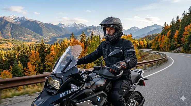 A motorcyclist wearing protective spring fall motorcycle gloves while riding through a colorful Canadian autumn landscape.