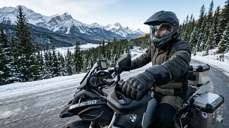 A rider wearing insulated winter motorcycle gloves while cruising through a scenic, snow-dusted Canadian mountain pass.
