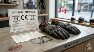 Summer motorcycle gloves displayed with bilingual English and French safety certification labels for the Canadian market.
