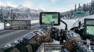 Professional winter riding gear featuring bilingual English and French safety certifications for the Canadian market.