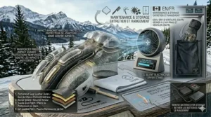 A visual guide for the Canadian rider showing the proper way to dry, maintain, and store winter motorcycle gloves after a snowy ride.