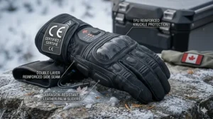 Impact-resistant knuckle protection and palm sliders on affordable heated motorcycle gloves; CE certified for enhanced rider safety in Canada.