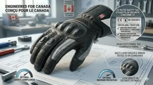 Graphic showing a CE-certified safety tag on a glove cuff with bilingual English and French "Tested/Testé" text for the Canadian market.