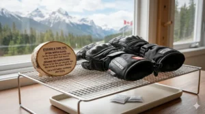 Illustration showing the proper way to dry leather winter motorcycle gloves away from direct heat to prevent cracking.