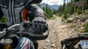 Adventure-style summer motorcycle gloves designed for off-road trails in British Columbia.