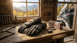 Close-up of durable leather 12v heated motorcycle gloves designed for safety and warmth in northern climates.