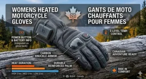 Graphic overlay featuring the text "Womens Heated Motorcycle Gloves" and "Gants de moto chauffants pour femmes" with a maple leaf icon.