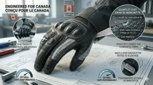 An illustration showing how an extra-long gauntlet cuff fits over a riding jacket sleeve to seal out cold drafts and moisture.