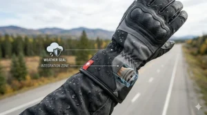 Illustration of a wide gauntlet cuff on a snowmobile glove fitting over a motorcycle jacket sleeve to block out snow and wind.