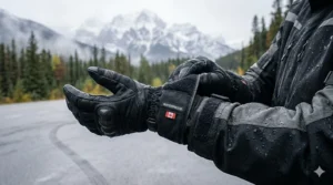 A rider pulling gauntlet-style waterproof winter motorcycle gloves over a jacket sleeve to create a windproof seal against Canadian wind chill.
