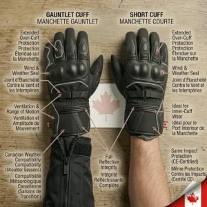 Comparison of gauntlet and short cuff 3 season motorcycle gloves for wind protection against the Canadian breeze.