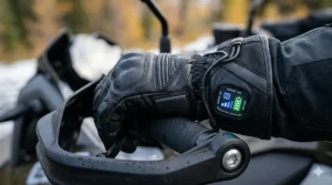 Close-up illustration of the LED battery life indicator on a pair of heated motorcycle gloves for long-distance Canadian touring.