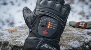 3-level heat settings controller on a motorcycle glove; bilingual EN/FR friendly interface (High/Élevé, Med/Moy, Low/Bas) for Canadian riders.