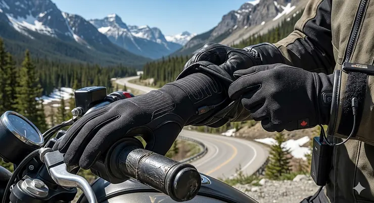 A motorcyclist riding through the Canadian Rockies wearing heated motorcycle glove liners under leather gloves for winter warmth.