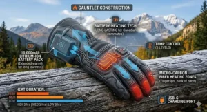 Technical diagram showing the long-lasting battery heating elements in womens heated motorcycle gloves for long Canadian commutes.