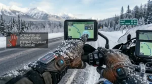 Battery-powered heated motorcycle gloves providing warmth during extreme Canadian winter commutes.