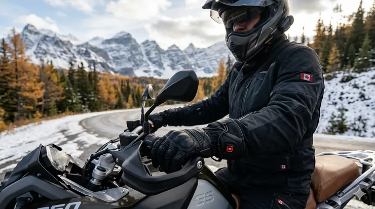A motorcyclist riding through the Canadian Rockies wearing battery-powered heated motorcycle gloves during a cold autumn morning.