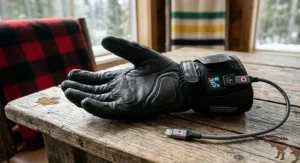 A diagram showing the USB charging port and battery compartment of modern heated motorcycle gloves.
