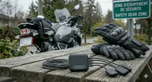 Packaging for rechargeable heated motorcycle gloves featuring English and French (Gants chauffants) for the Canadian market.