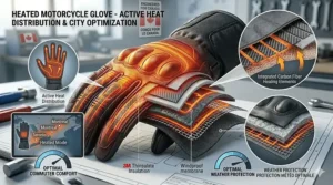 A thermal map showing carbon fiber heating elements extending to fingertips, ideal for winter commuting in cities like Toronto or Montreal.