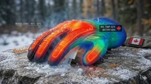 Infrared thermal heat map showing full-finger heating coverage and concentrated warmth on the back of the hand for a heated motorcycle glove, essential for cold Canadian riding conditions.