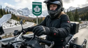 A rider using a GPS smartphone with the touchscreen-compatible fingertip of a heated motorcycle glove.