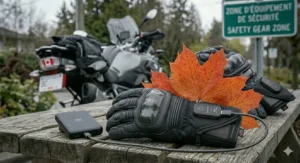 Pair of rechargeable heated motorcycle gloves resting on a bike seat surrounded by orange maple leaves.