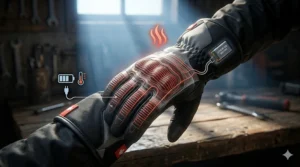 Illustration of a battery-powered heating element inside snowmobile gloves for late-season riding in Ontario.