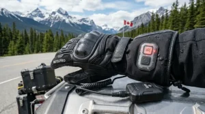 Illustration of a battery-powered heated winter motorcycle glove, essential for early spring and late fall riding in Canada.