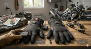 Technical illustration showing the heat distribution and carbon fiber heating elements in motorcycle glove liners.