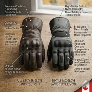 Comparison of leather and textile 3 season motorcycle gloves for durability and abrasion resistance on Canadian roads.