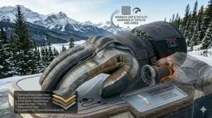 Illustration of the reinforced palm and specialized grip materials on leather winter biker gloves, shown on a rustic, iced-wooden surface.