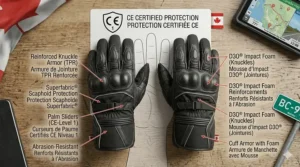 Technical drawing of knuckle armor and palm sliders on 3 season motorcycle gloves. Protection certifiée pour motocyclistes.