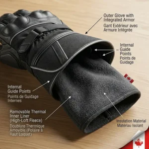 Illustration of removable thermal liners in 3 season motorcycle gloves, ideal for fluctuating Canadian temperatures.