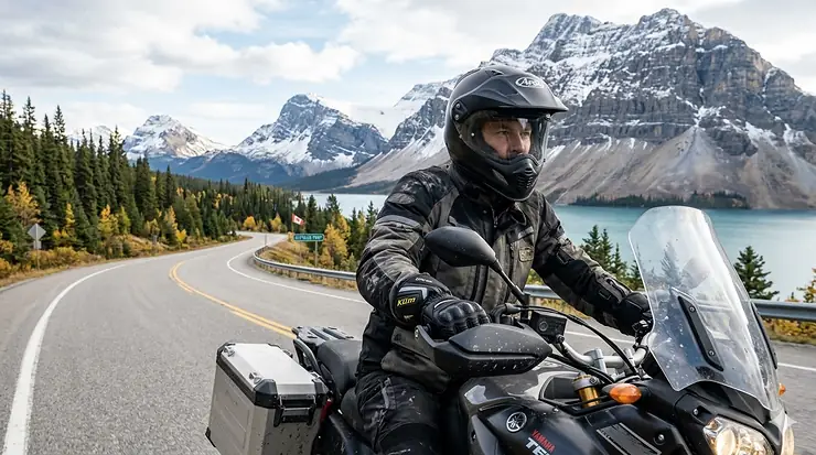 A motorcyclist wearing insulated leather gauntlet gloves while riding through a crisp, autumnal Canadian landscape with mountains in the background.
