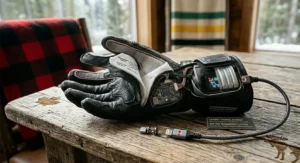 Product packaging for heated motorcycle gloves featuring bilingual English and French text for the Canadian market.