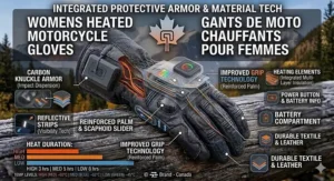 Illustration highlighting carbon fiber knuckle protection on womens heated motorcycle gloves for safety on Canadian highways.