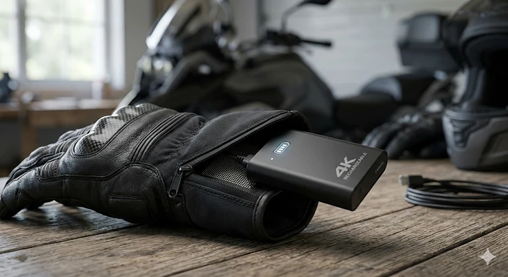 A rider wearing rechargeable heated motorcycle gloves while riding through a scenic, snowy Canadian mountain pass.