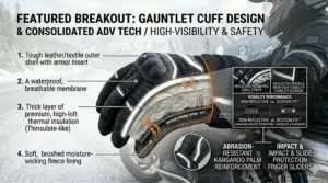 High-visibility reflective piping on insulated winter gloves for safe riding during dark Canadian winter evenings.